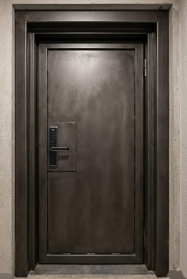 Porta blindada com acabamento escuro e fechadura