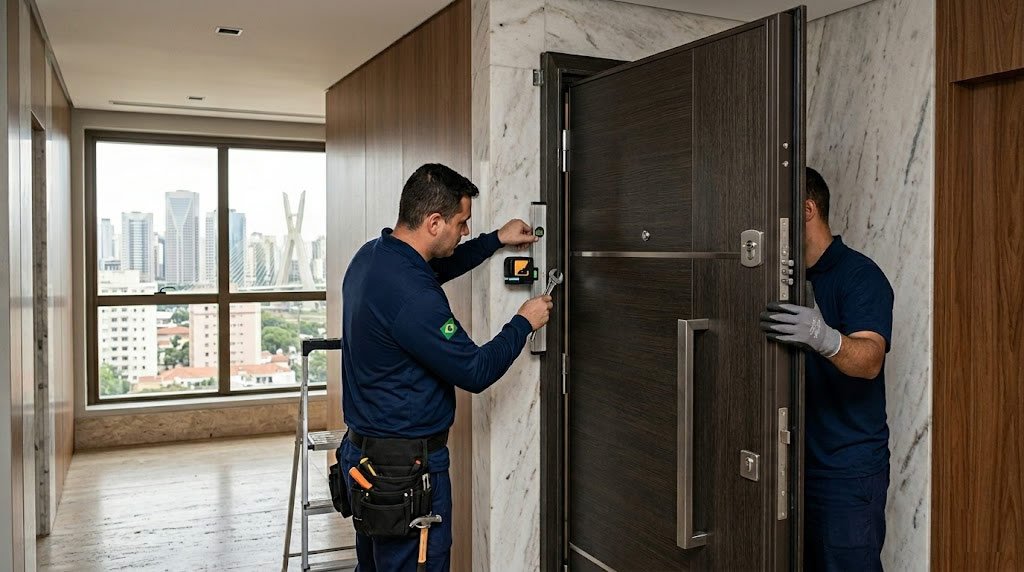 Profissionais ajustando uma porta blindada durante a instalação
