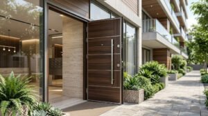 Porta com acabamento em madeira na entrada de uma residência