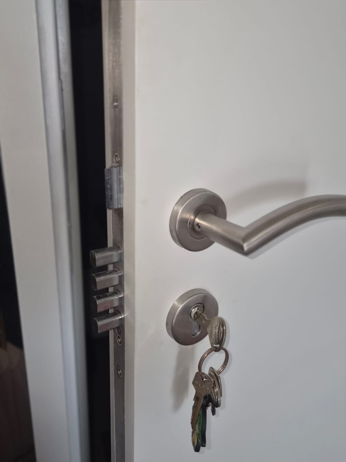 Detalhe de porta blindada com fechadura e pinos de travamento multiponto